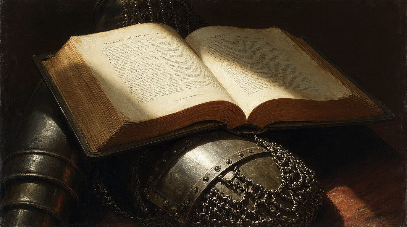 Pessoa determinada orando com Bíblia aberta em Efésios 6, demonstrando preparação espiritual e fé em ambiente de estudo bíblico sereno