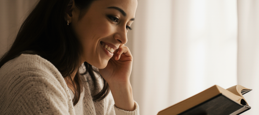 Como escolher sua Bíblia de Estudo ideal - Mulher lendo Bíblia de Estudo em casa