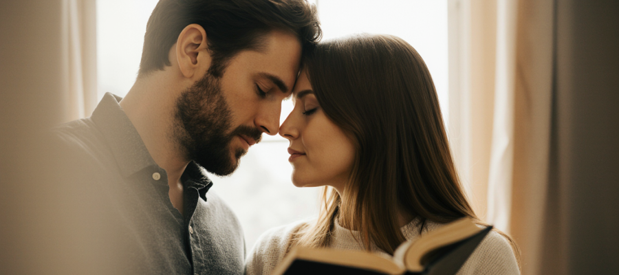 Princípios do Casamento Cristão Segundo a Bíblia - Casal em oração conectando espiritualmente